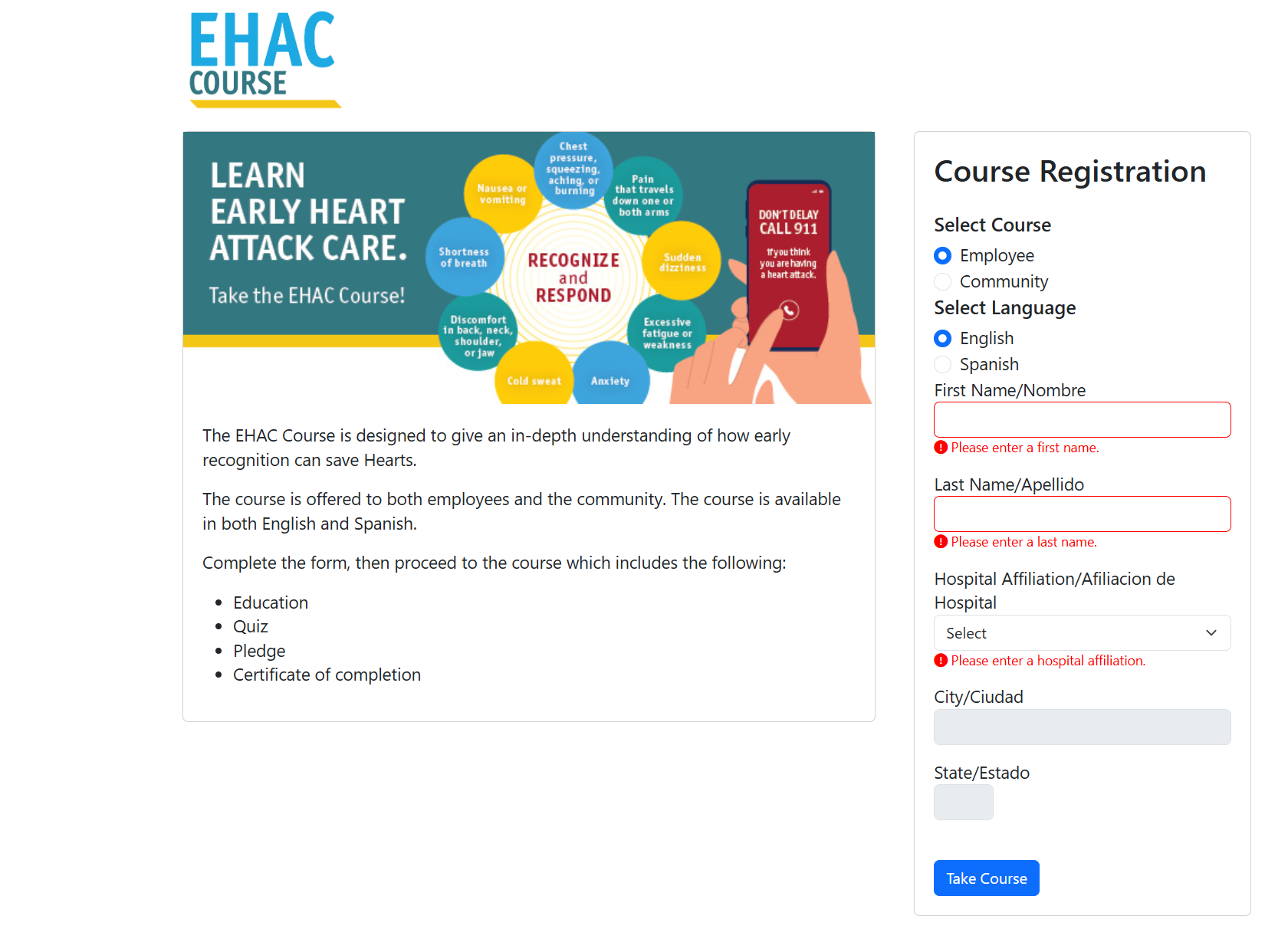 Final EHAC registration form error validation